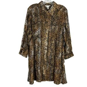 MALCOLM & CO Shirt 2X Linen Animal Print Long Sleeve Button Up Pocket